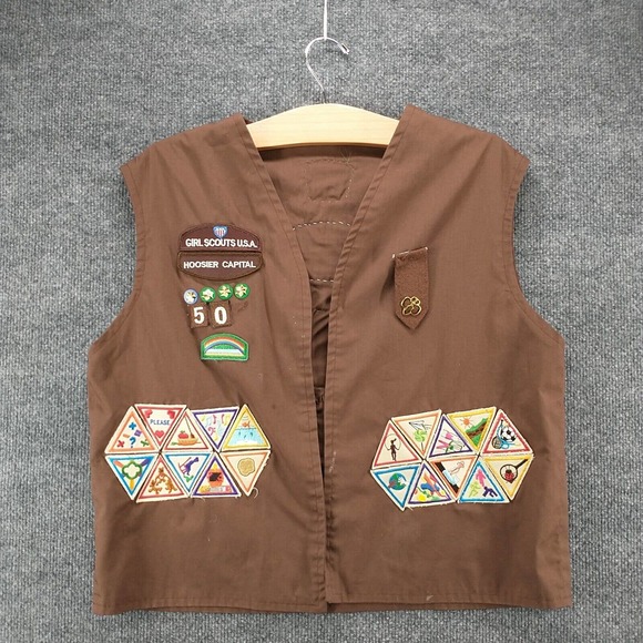 Girl Scout USA Hoosier Capital Uniform Vest Brown Actual 40x20.5 Vintage Patches - Picture 2 of 11